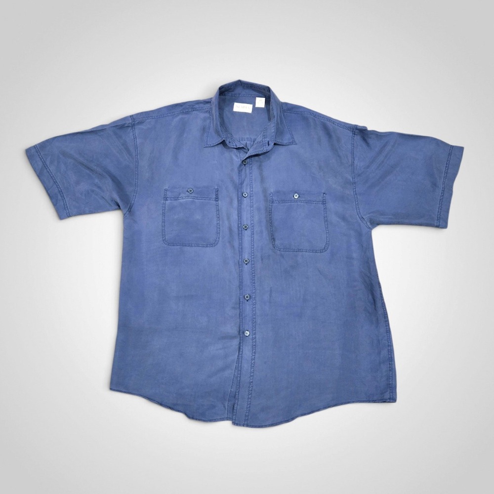 Summa Silk Mens XL Blue 100% Silk Short Sleeve Button Down Shirt Pockets